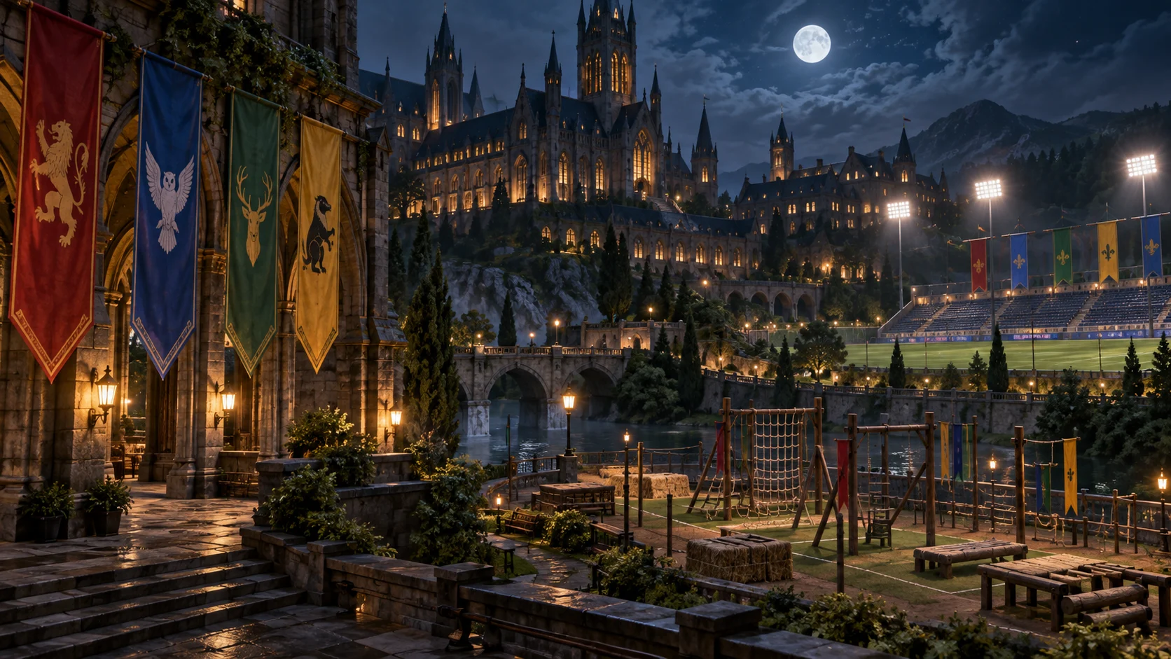 A fanciful old university campus prepared for a night competition