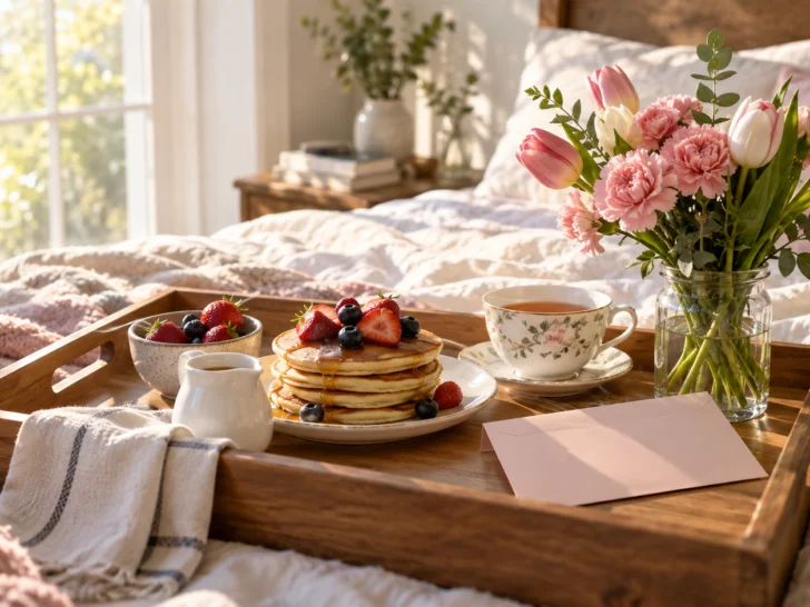 Mother's Day breakfast tray with pancakes tea carnations and tulips