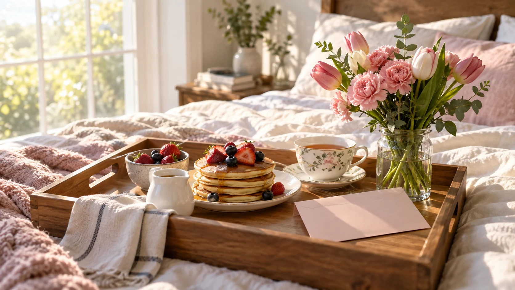 Mother's Day breakfast tray with pancakes tea carnations and tulips