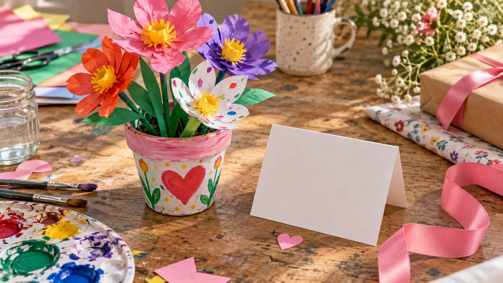Handmade paper flowers painted pot ribbon and folded card on a craft table