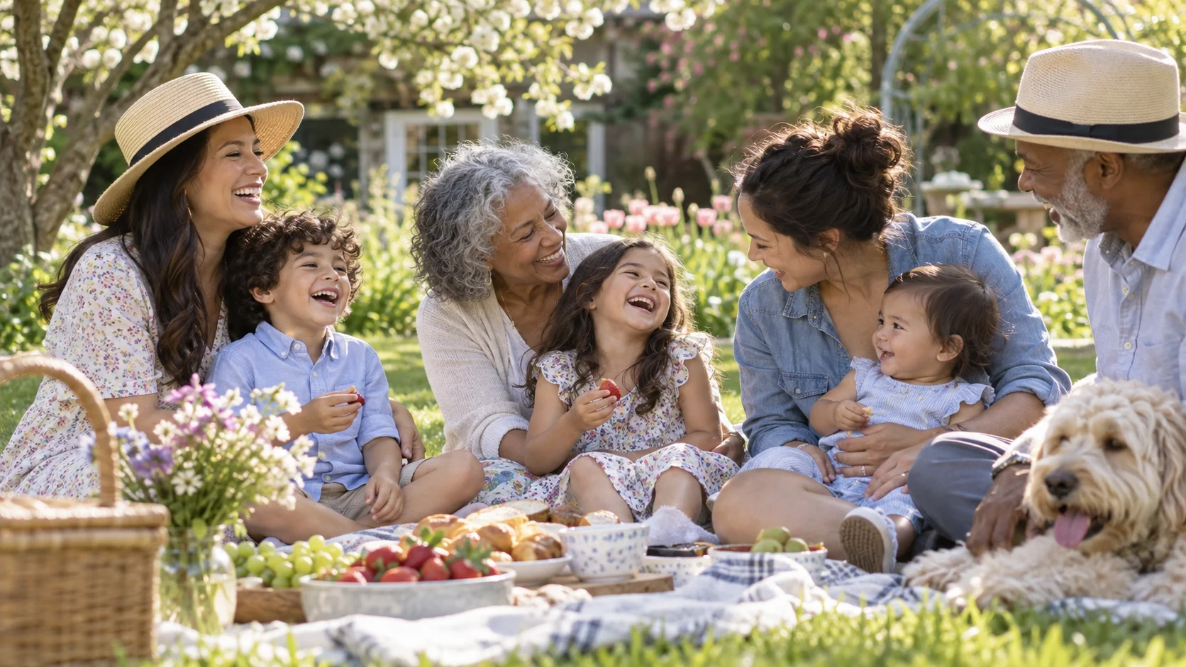 Multigenerational family sharing a cheerful spring garden picnic