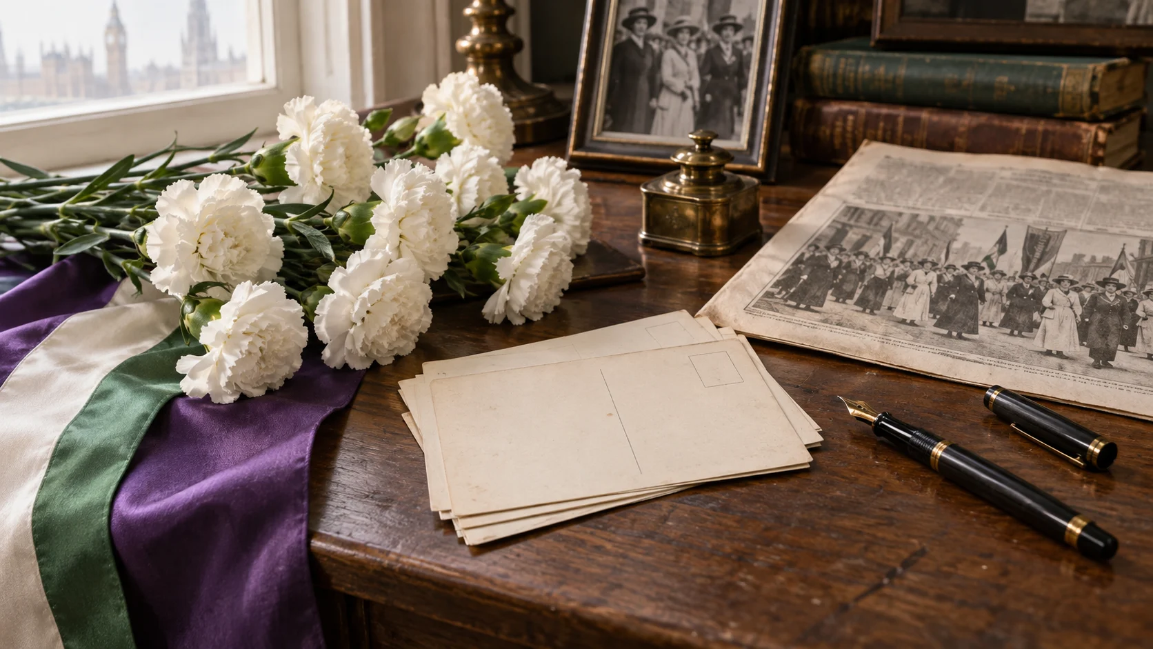 White carnations vintage postcards and fountain pen on a historical desk