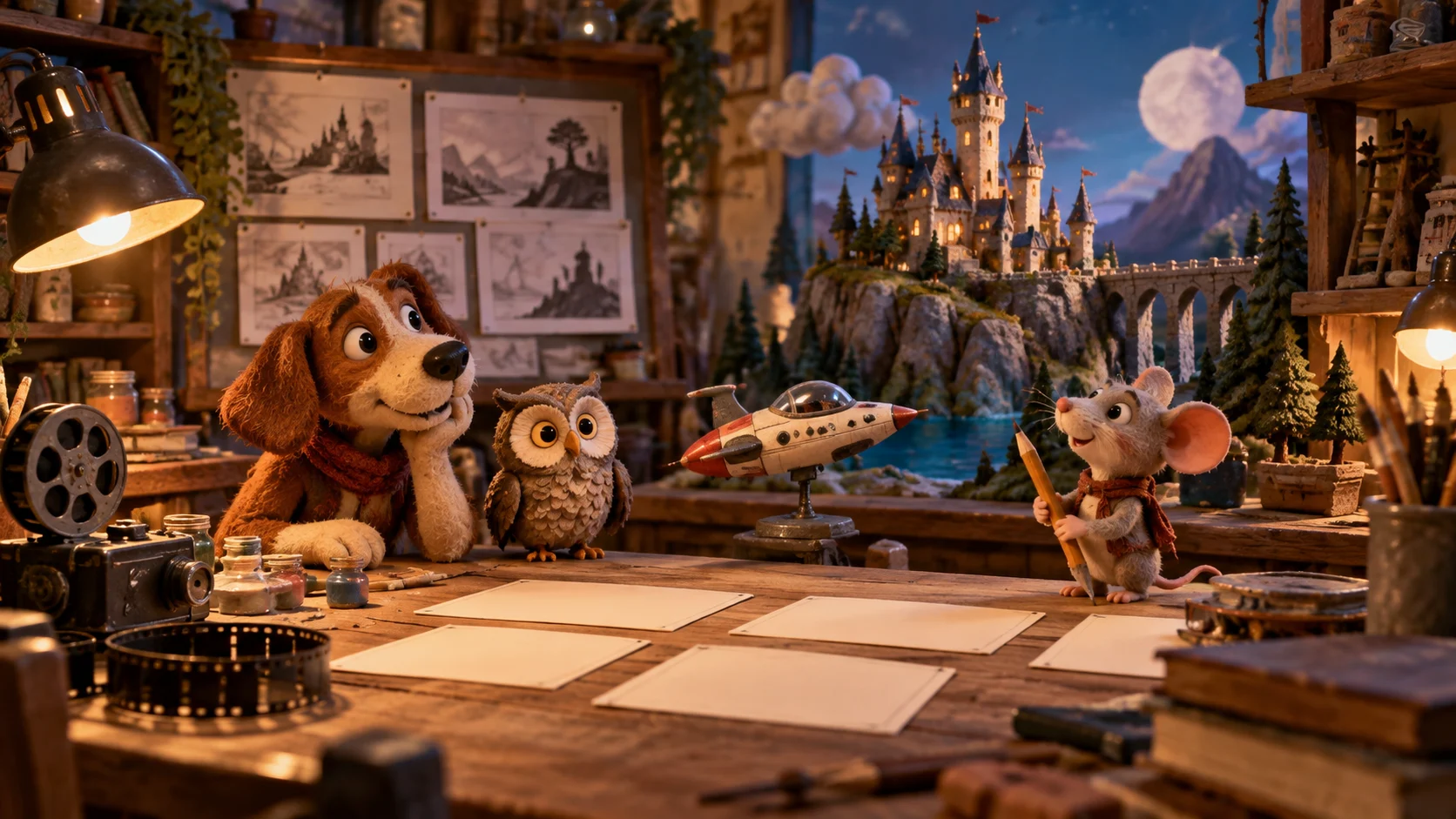 Original stop-motion animal figures in a fantasy animation studio