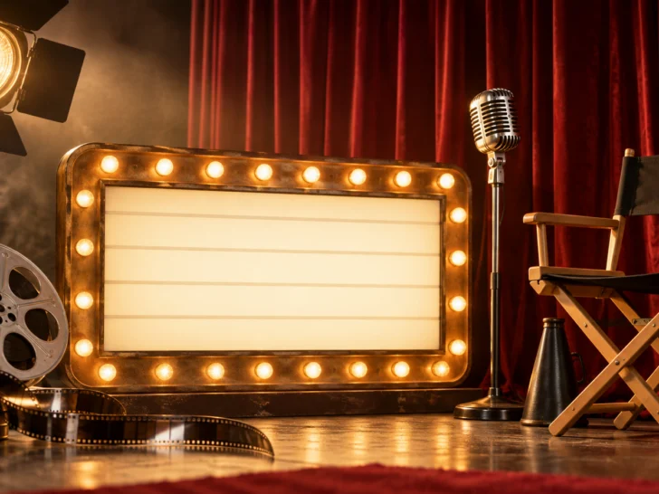 Vintage film reel blank marquee microphone and director chair on a cinema stage