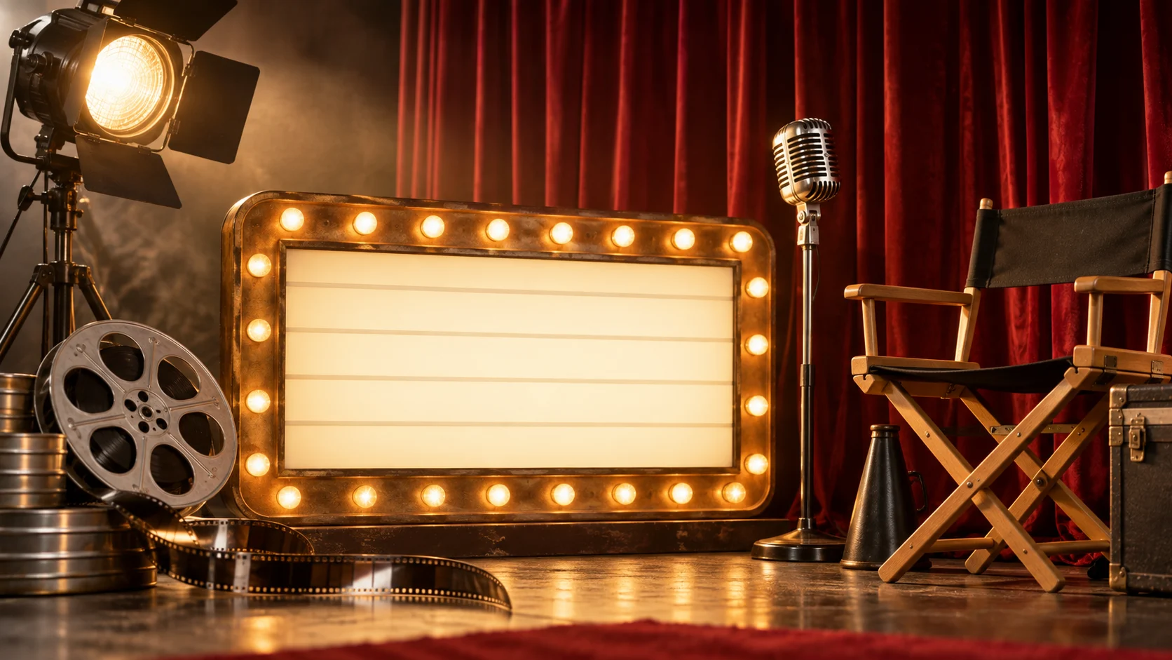 Vintage film reel blank marquee microphone and director chair on a cinema stage