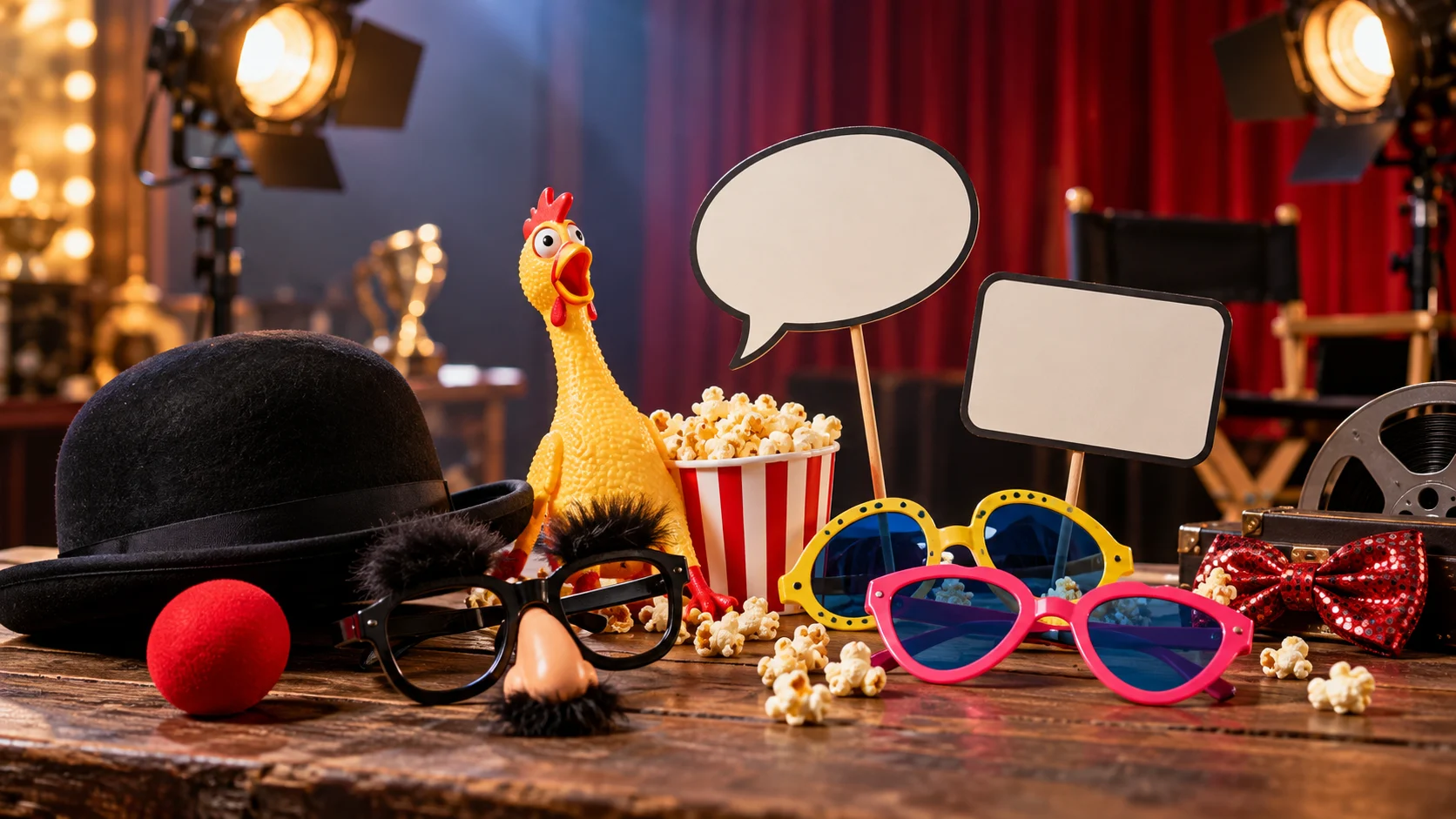 Comedy props popcorn colorful glasses and blank speech cards on a film set