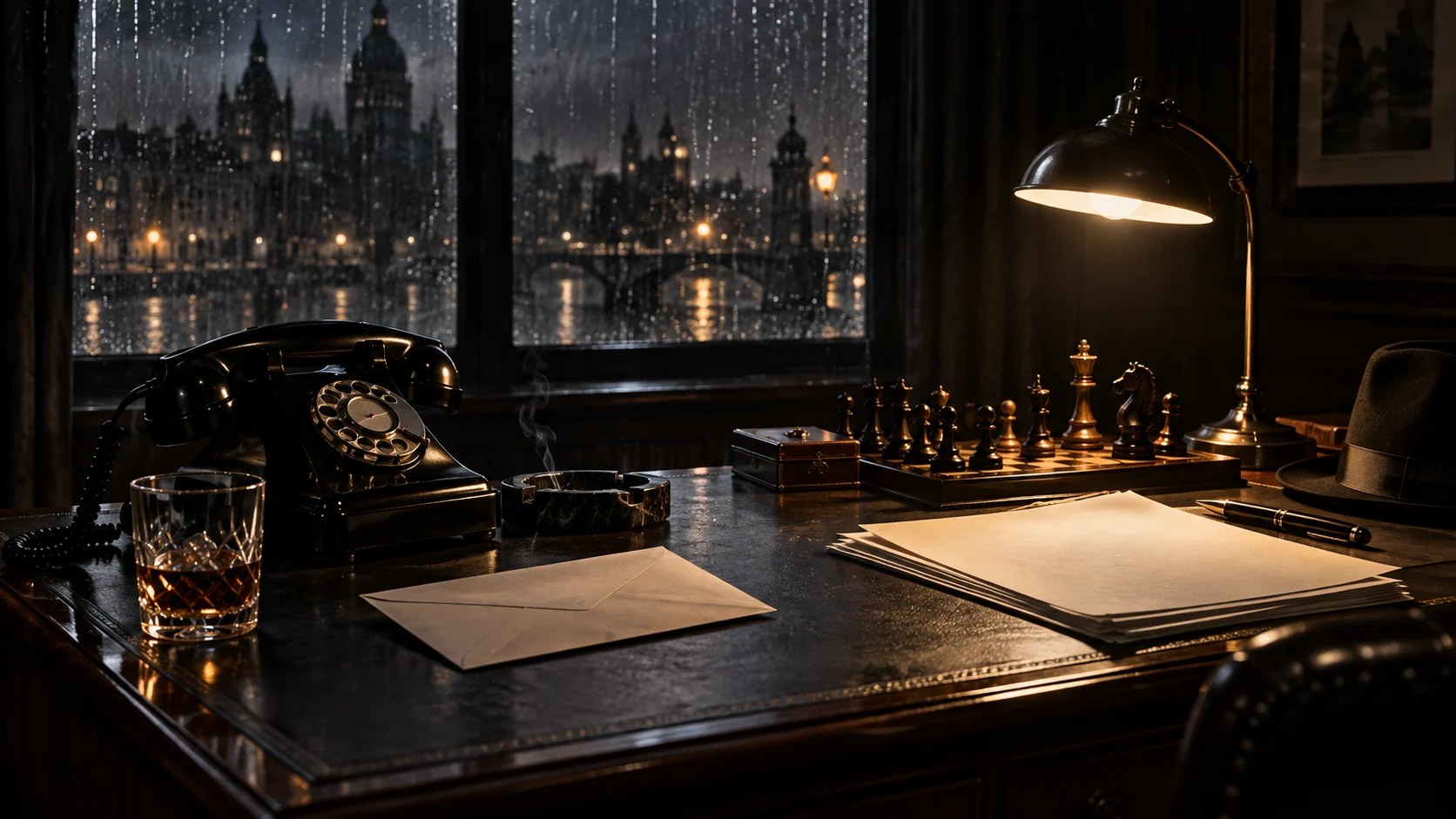 Noir desk with rotary telephone chess pieces and blank pages beside a rainy window