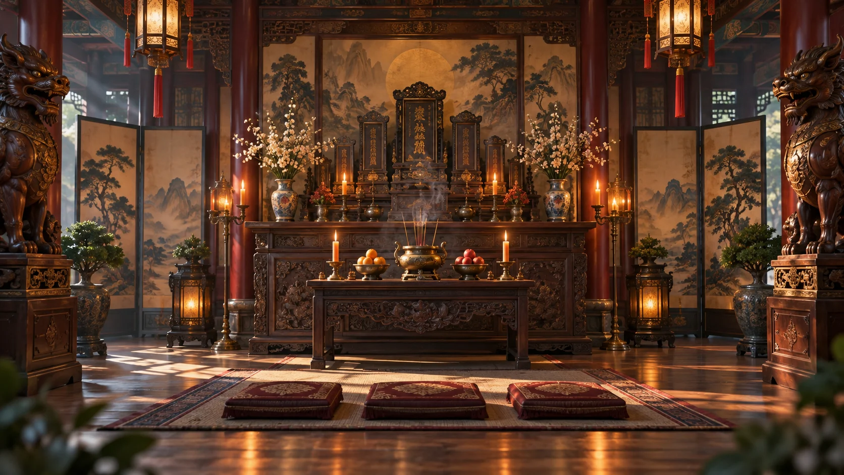 A candlelit ancestral temple with incense and carved guardians