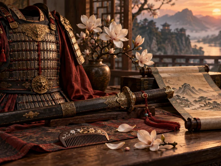 Ancient Chinese armor, sword, and magnolia blossoms arranged together