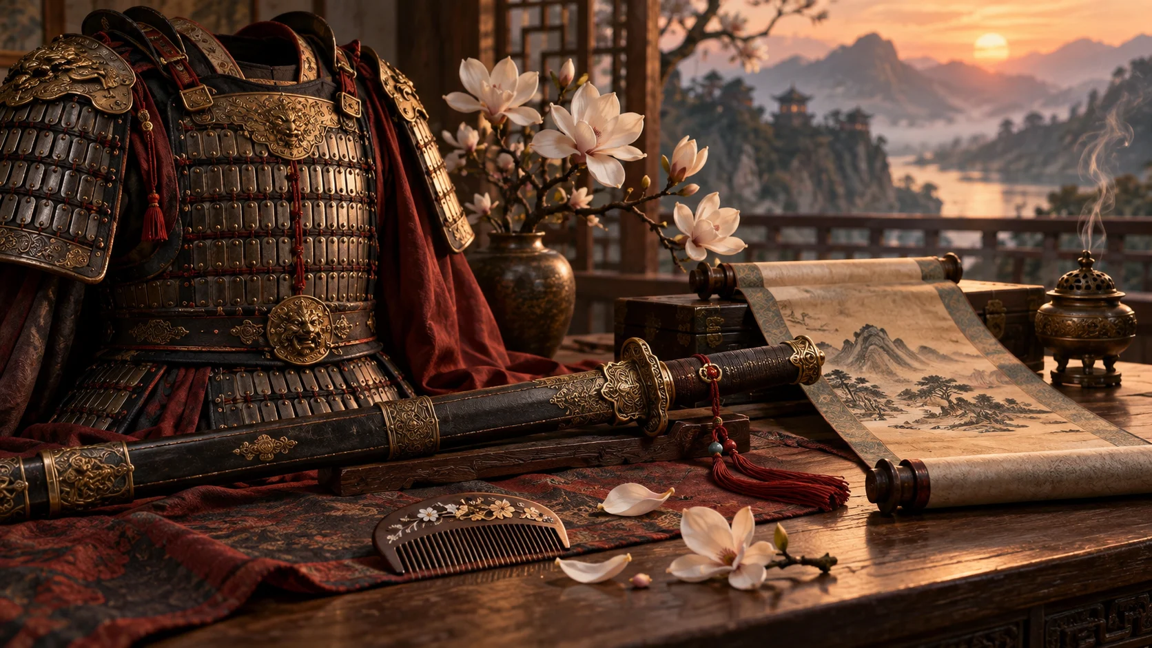 Ancient Chinese armor, sword, and magnolia blossoms arranged together