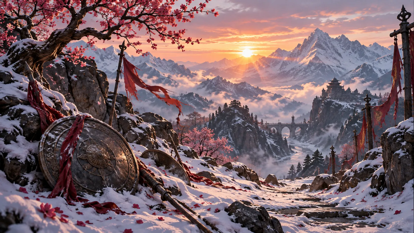 A quiet mountain battlefield after snow beside flowering trees