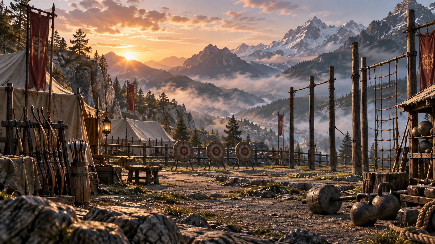 A mountain military training camp at dawn