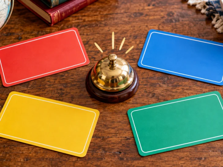 Four colorful blank answer cards surrounding a brass quiz bell