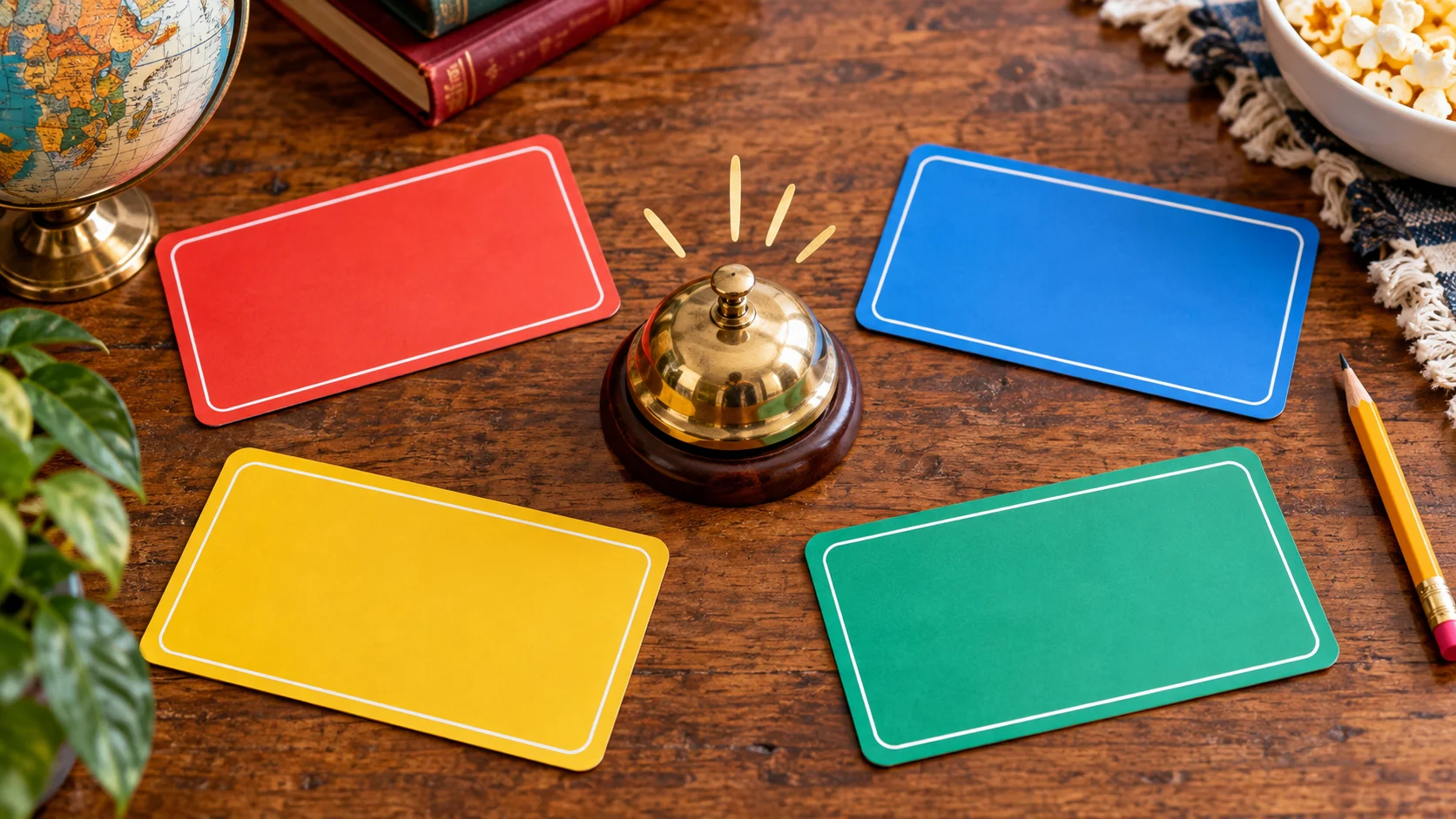 Four colorful blank answer cards surrounding a brass quiz bell