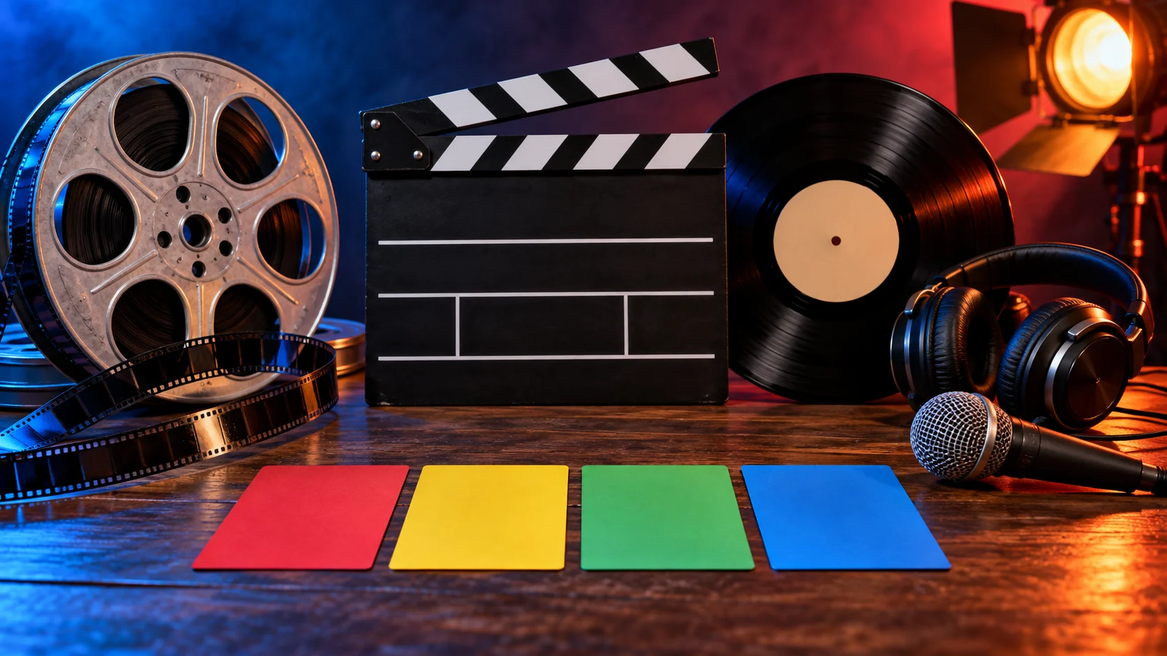Film reel clapperboard record headphones and microphone in colorful light