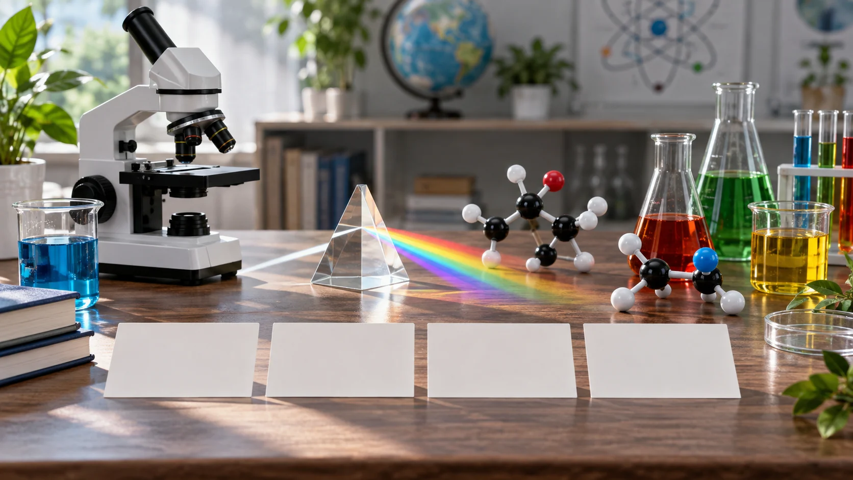 Microscope prism molecule models and beakers beside blank answer cards