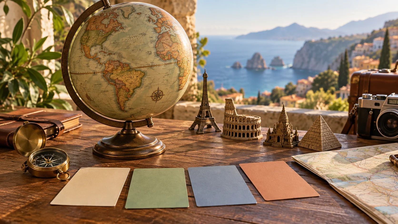 Globe compass blank destination cards and miniature landmarks