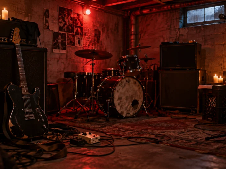 A black guitar and drum kit wait in a red-lit basement rehearsal room