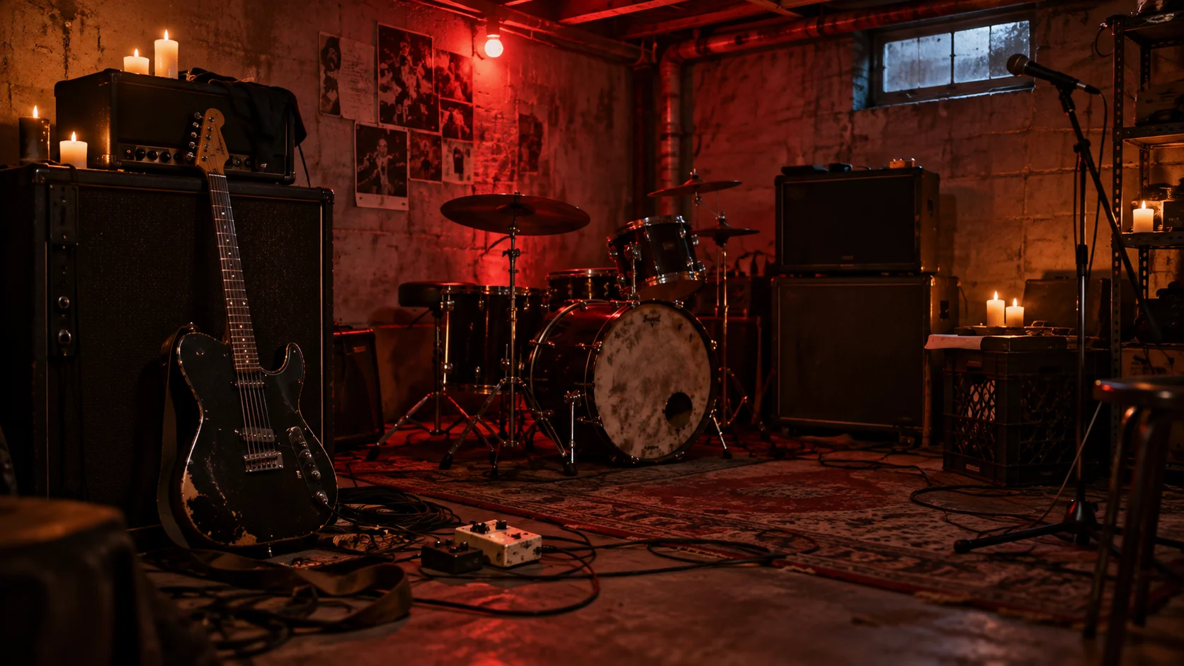 A black guitar and drum kit wait in a red-lit basement rehearsal room