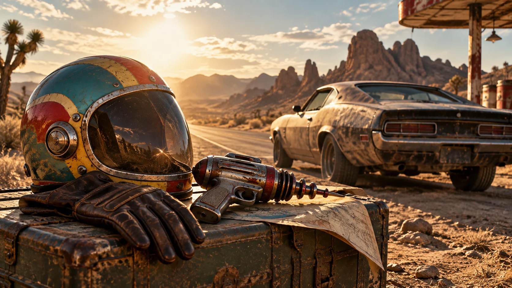 A retro ray gun, helmet, and dusty car sit beside a desert highway
