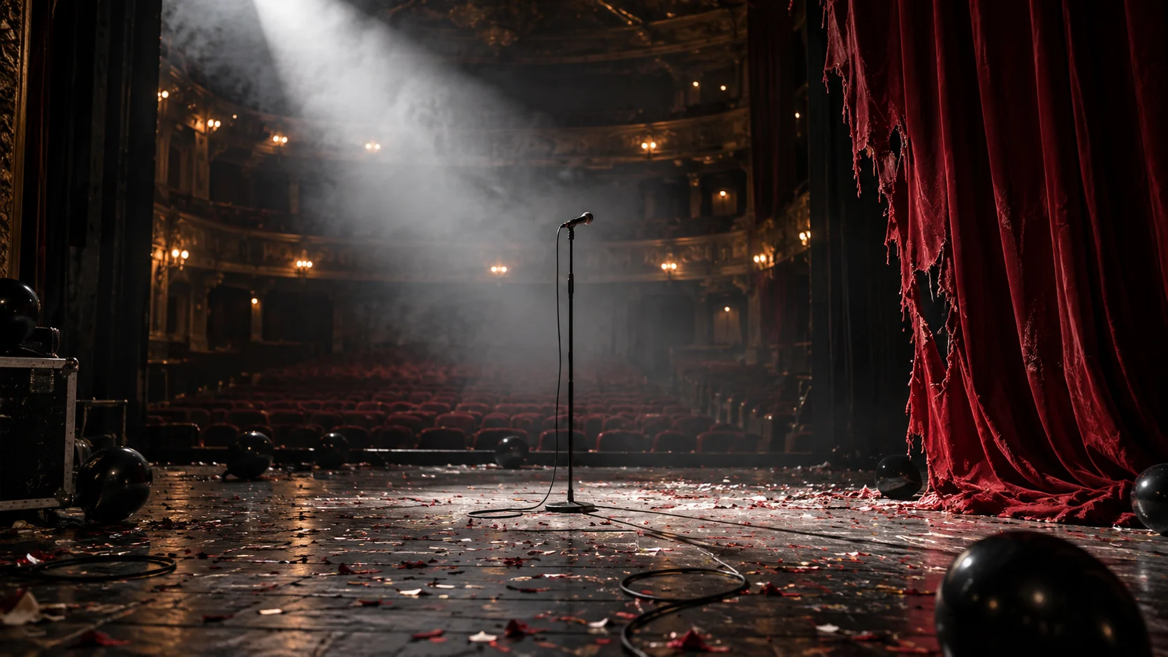 A lone microphone stands amid black balloons in an empty theater