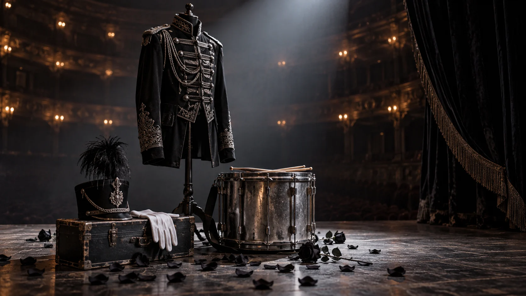 A gothic marching jacket and silver drum stand on an empty stage