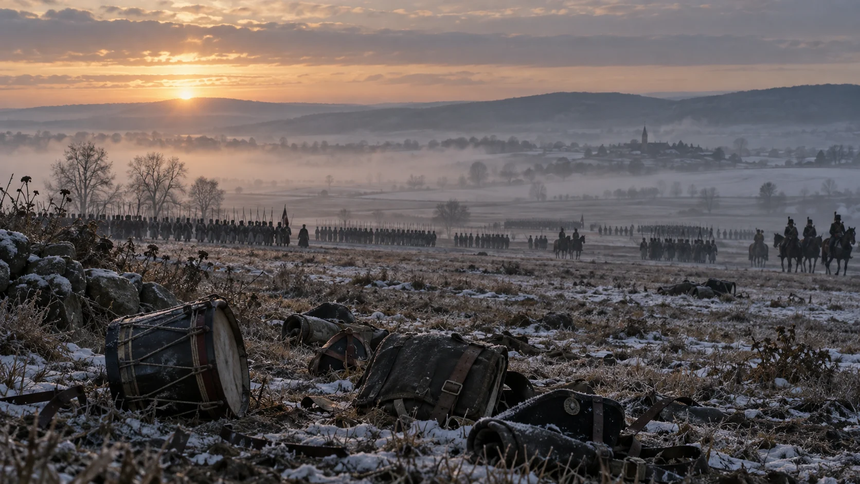 Winter battlefield near Austerlitz with low mist, distant formations, abandoned drums, and packs