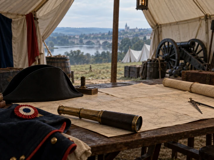 Late-1790s French campaign tent with maps, telescope, bicorne hat, artillery tools, and tricolor cockade