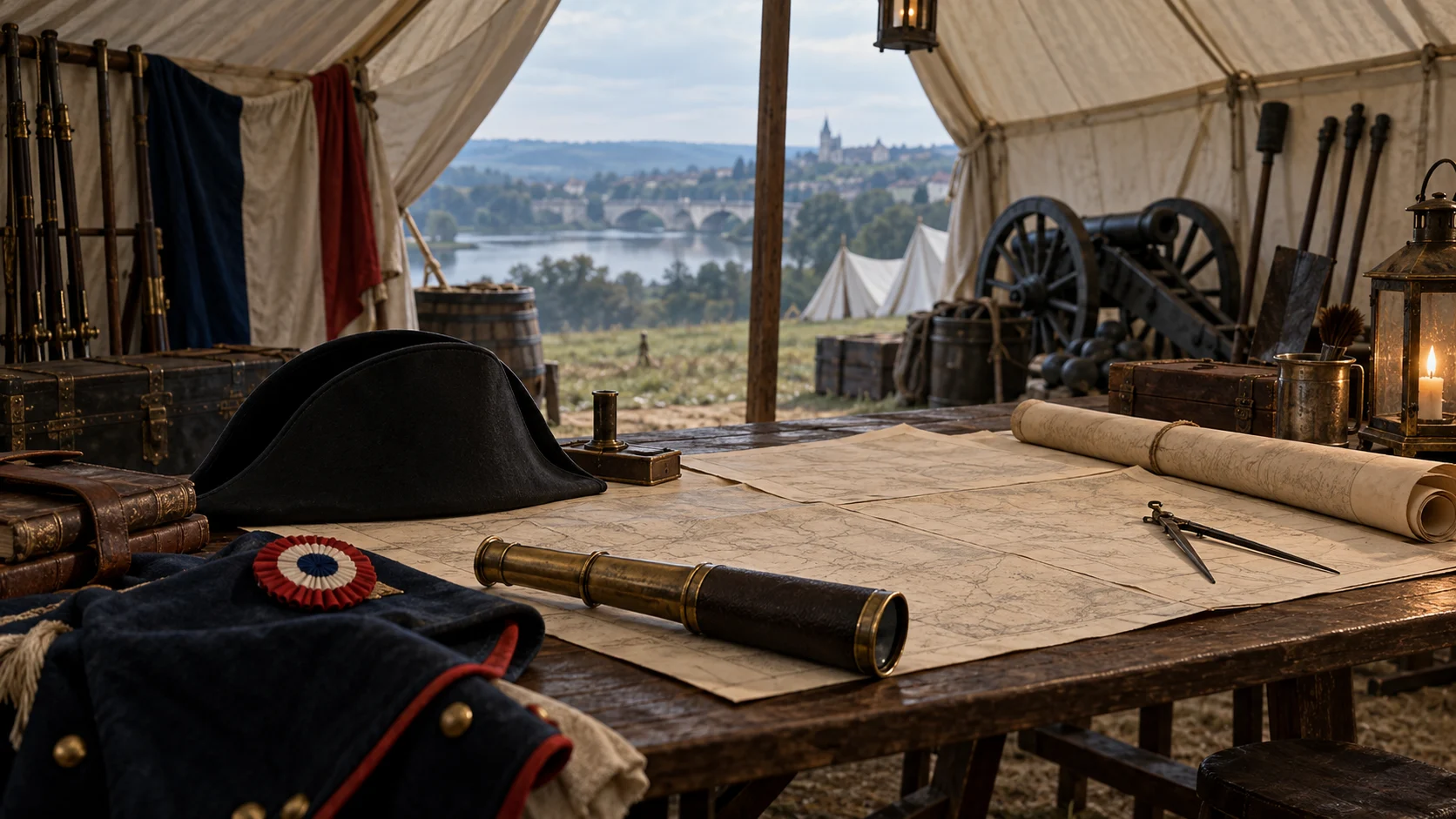 Late-1790s French campaign tent with maps, telescope, bicorne hat, artillery tools, and tricolor cockade