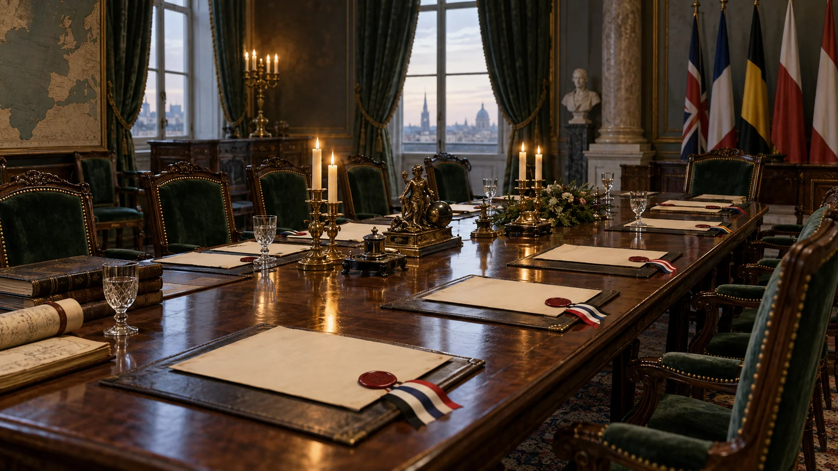 Empty 1815 diplomatic chamber with blank treaty pages, wax seals, ribbons, and face-down maps