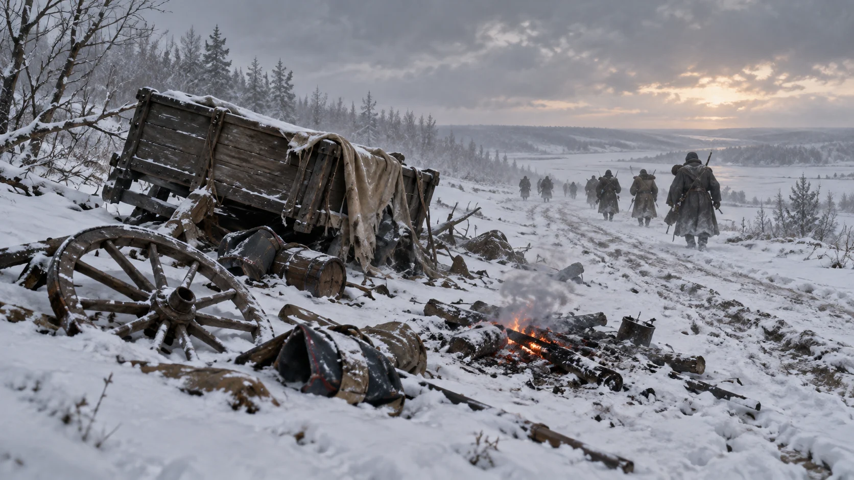 Abandoned wagon and exhausted distant soldiers on a snow-covered road during the 1812 retreat