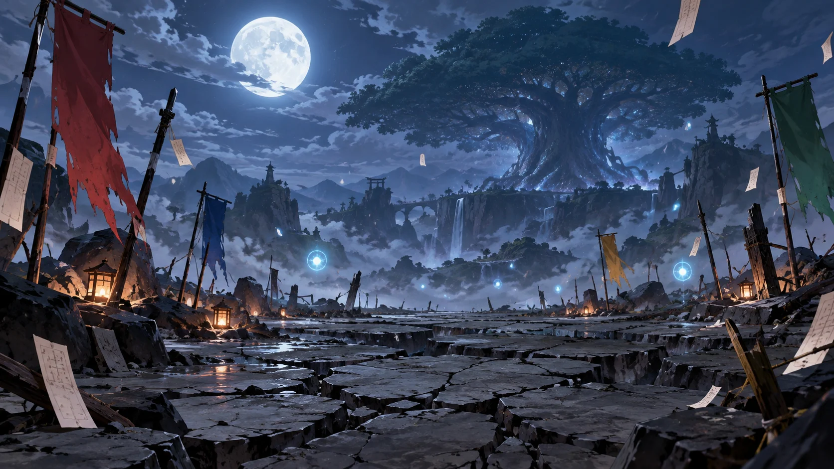 Moonlit battlefield with cracked earth distant giant tree and glowing energy orbs