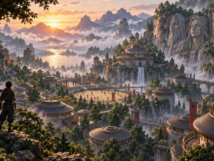 Original hidden mountain village with training fields forest and carved cliffs