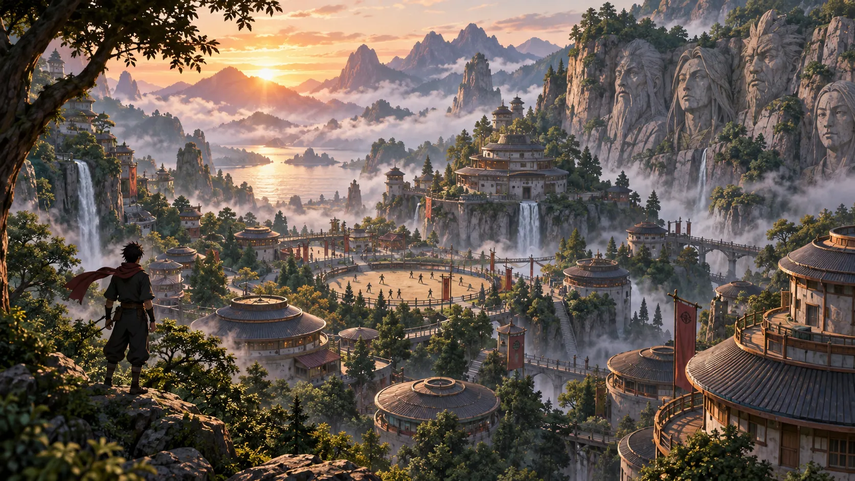 Original hidden mountain village with training fields forest and carved cliffs
