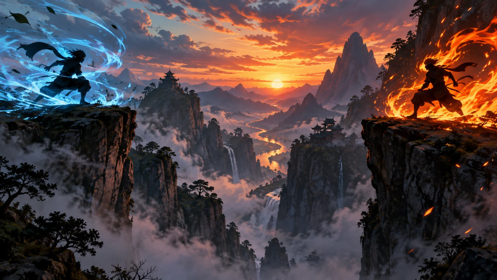 Two anonymous ninja silhouettes facing across a valley with wind and fire energy