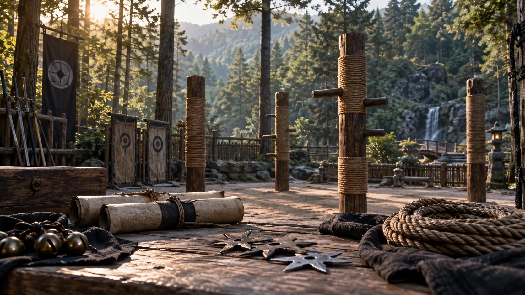 Practice posts throwing stars rope scrolls and bells in a forest training yard