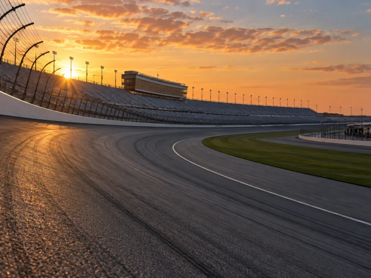 Empty banked NASCAR-style speedway glowing at sunrise