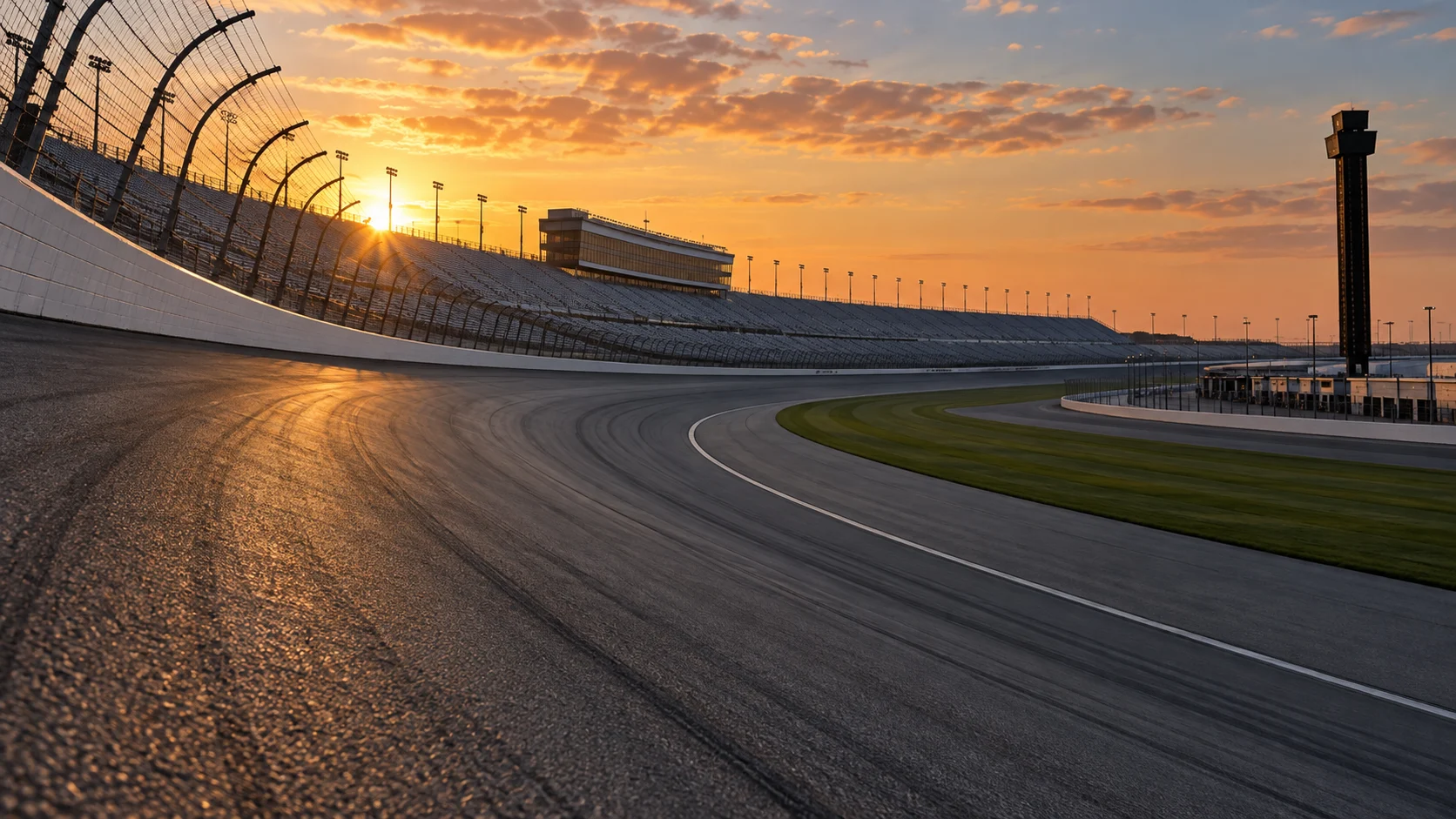 Empty banked NASCAR-style speedway glowing at sunrise