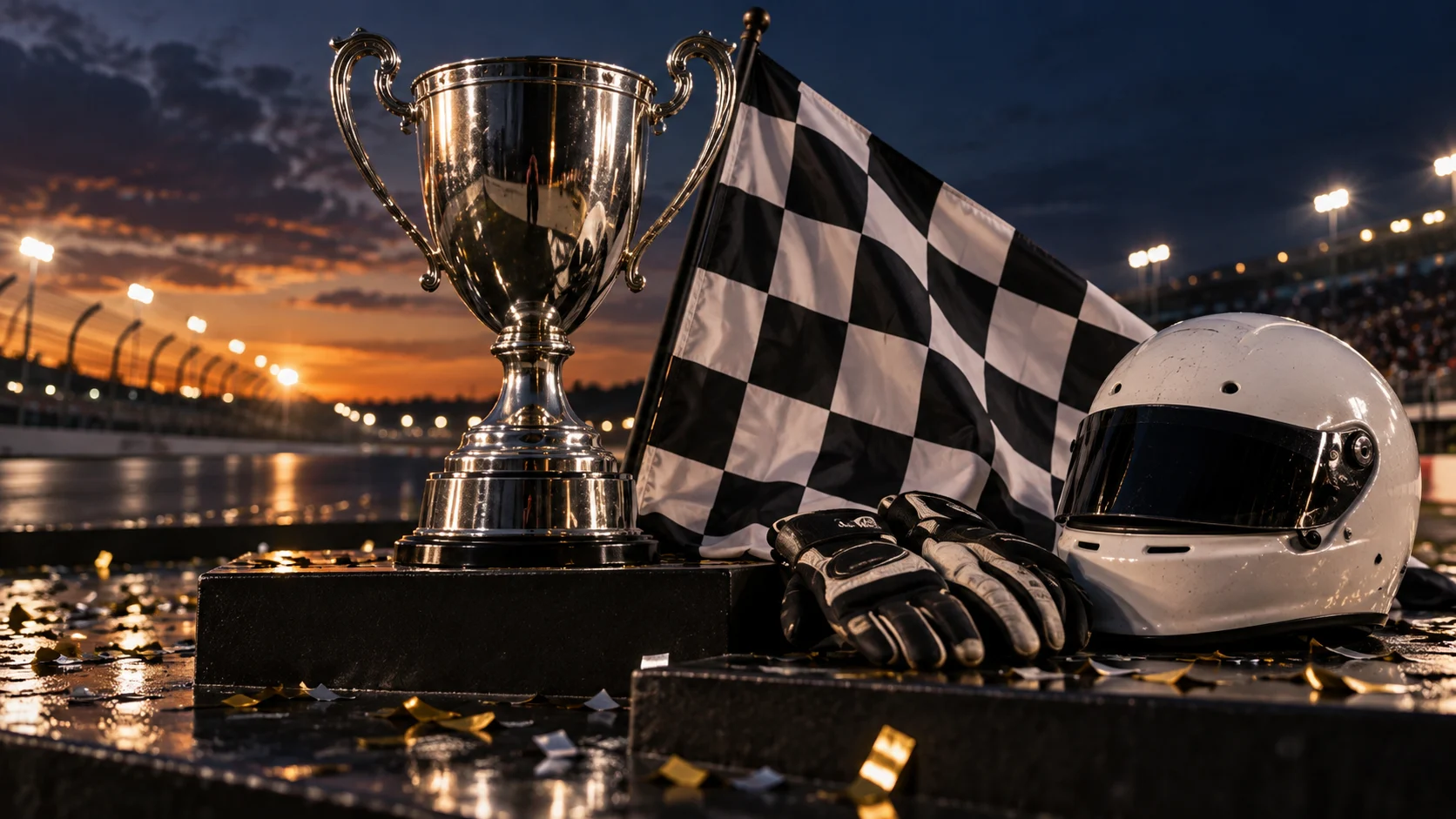 Silver racing trophy beside a checkered flag and helmet at dusk