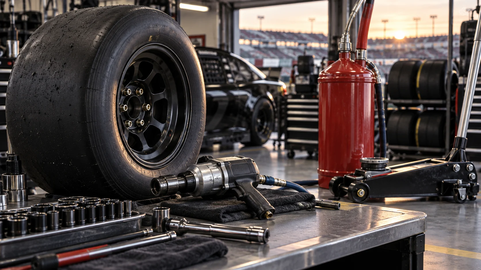 Stock-car racing tire and pit tools arranged in a garage
