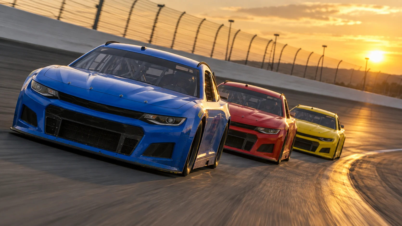 Three unbranded stock cars drafting through a banked oval turn