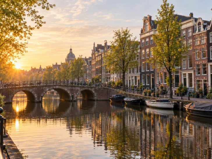 Historic canal houses bicycles and an arched bridge in Amsterdam at sunrise