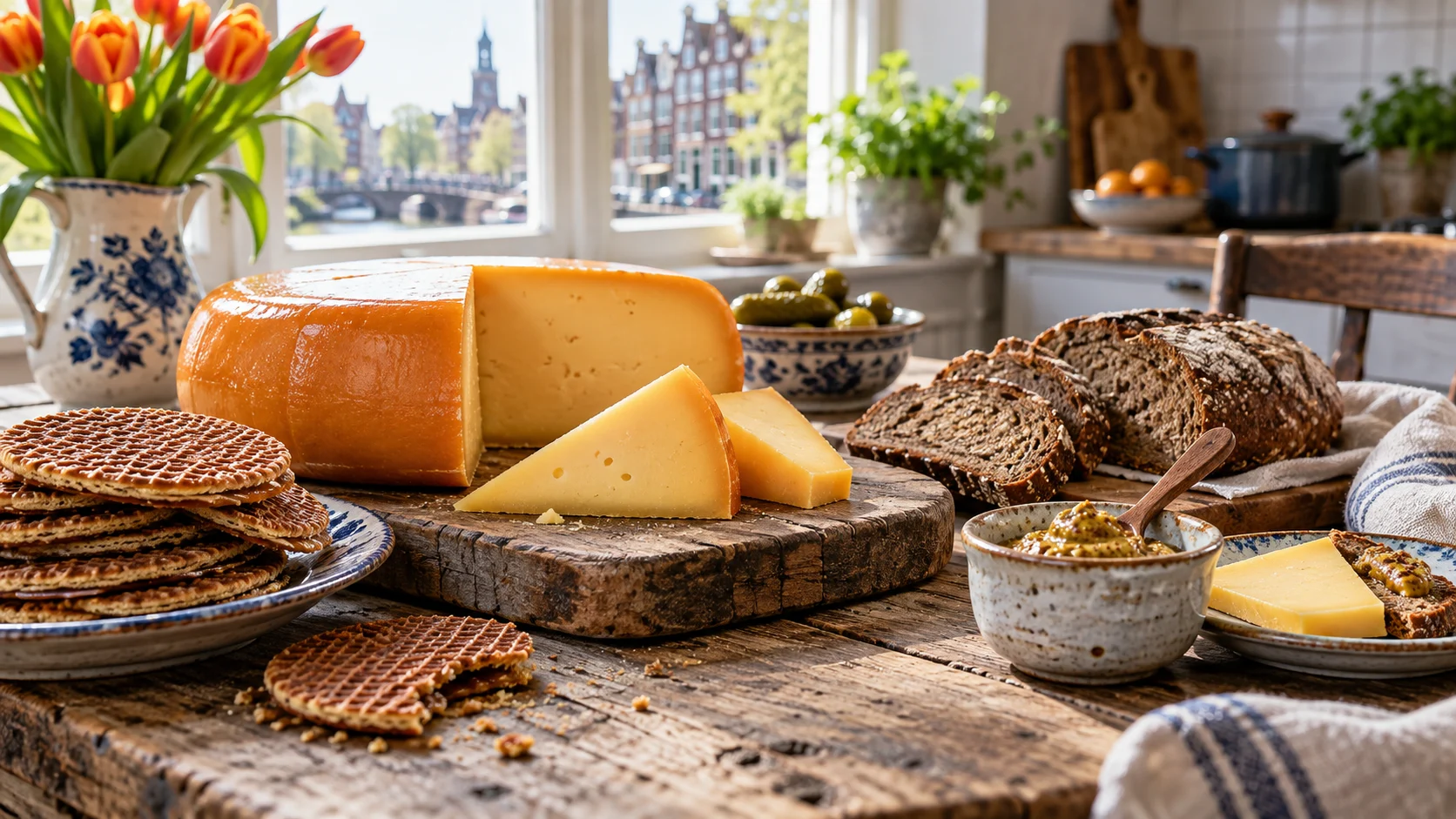 Dutch cheese stroopwafels and dark bread on a rustic kitchen table