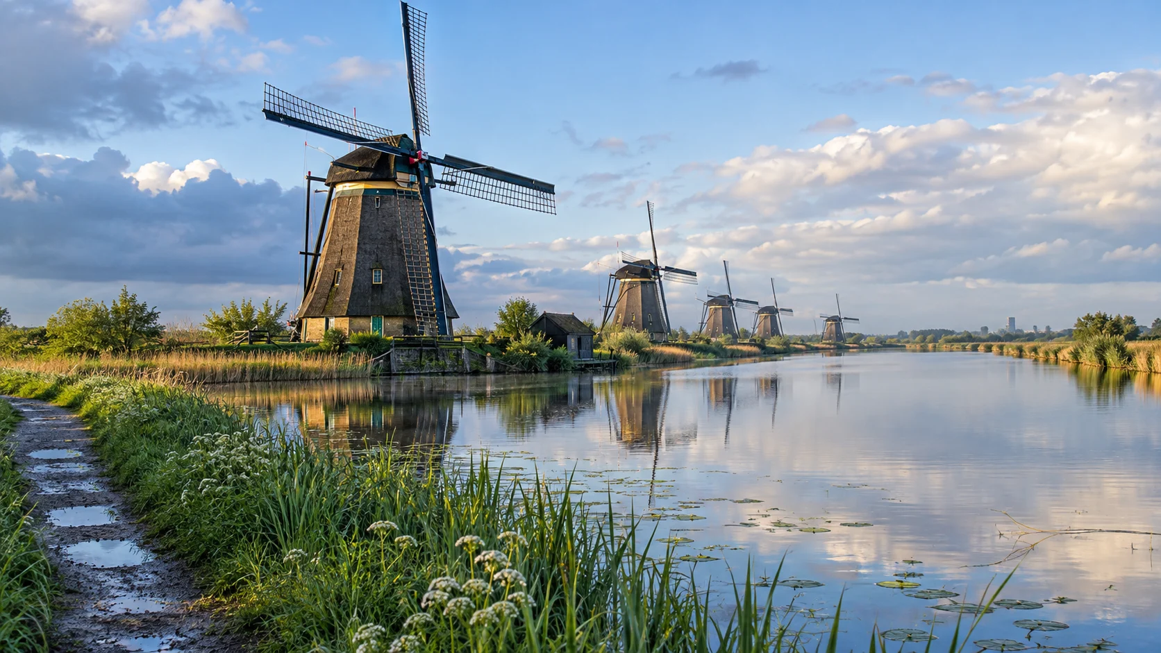 Traditional Kinderdijk windmills reflected in a calm Dutch waterway