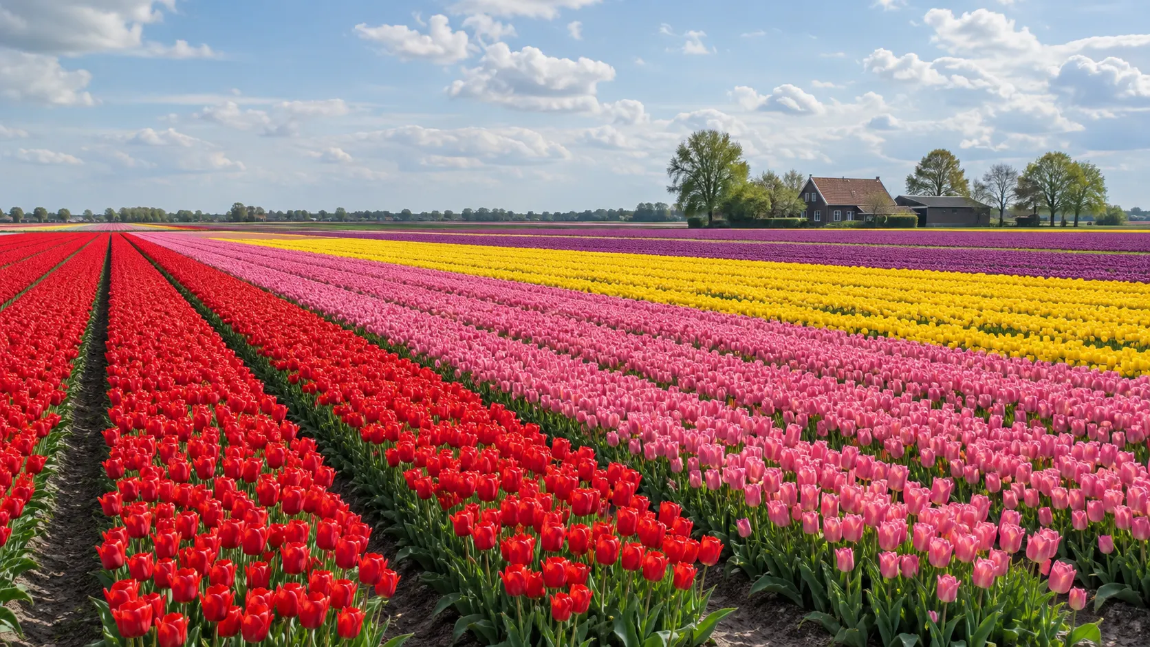 Colorful rows of tulips stretching across the flat Dutch countryside