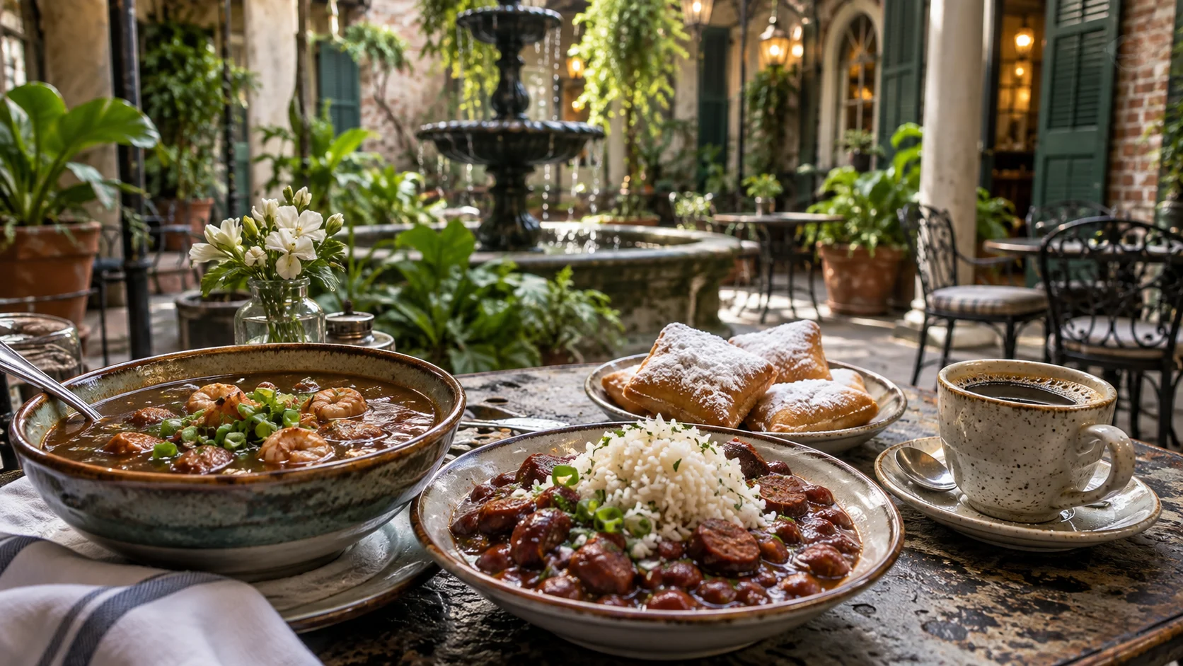 Gumbo, red beans, beignets, and coffee fill a New Orleans table