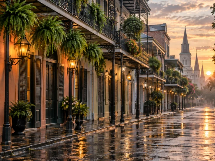 A rain-washed French Quarter street glows at sunrise