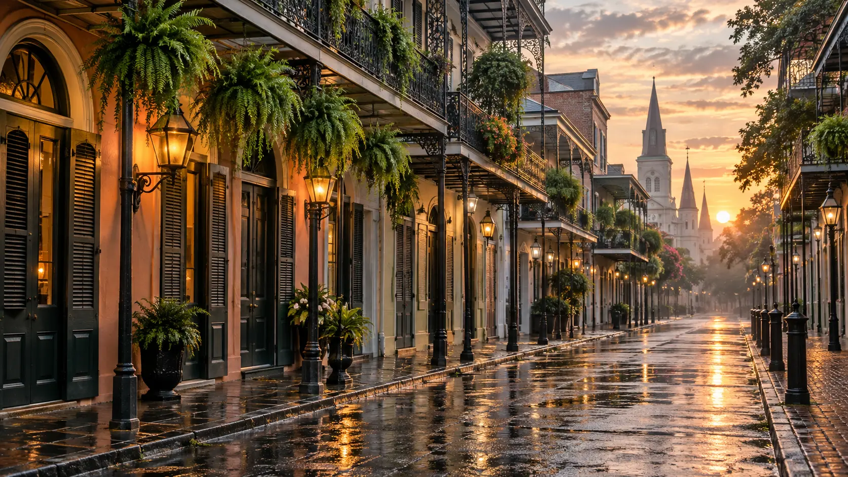 A rain-washed French Quarter street glows at sunrise