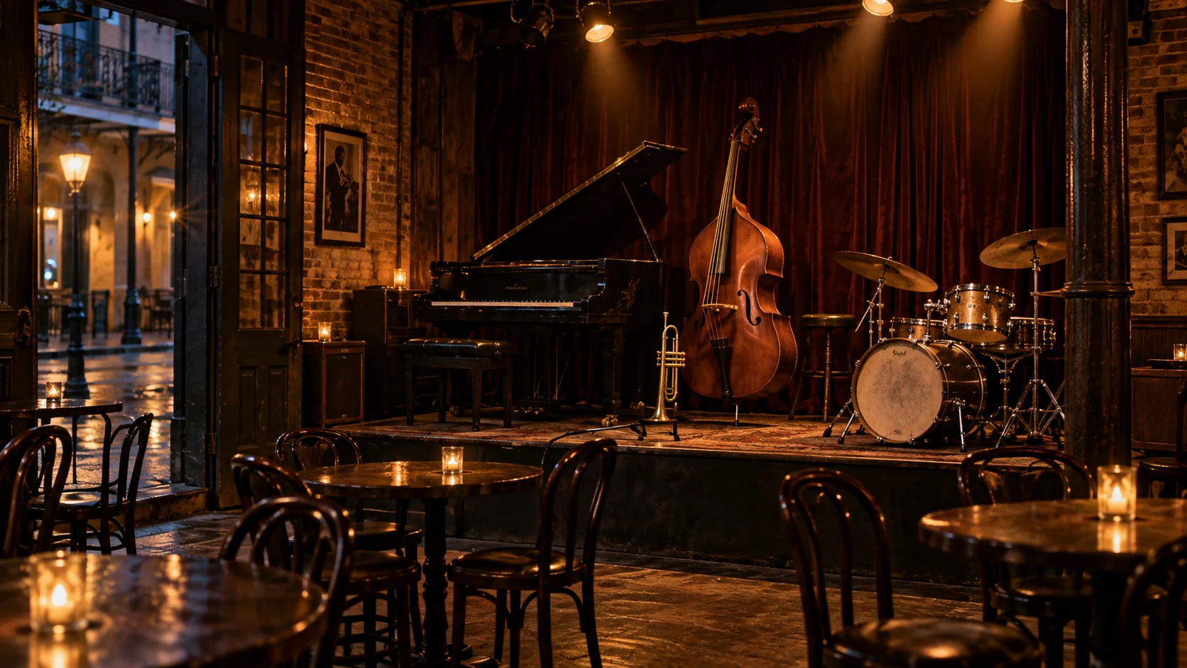 An empty New Orleans jazz club waits beneath warm amber lights
