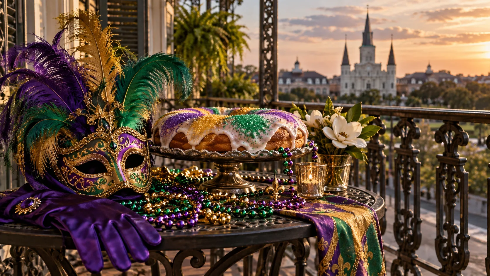 A feathered mask, beads, and king cake celebrate Mardi Gras